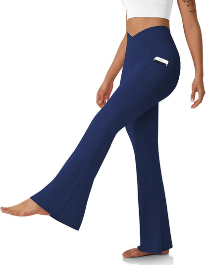 Women's Flare Leggings with Pockets Crossover High Waisted Bootcut Yoga Pants Tummy Control Bell Bottom Leggings