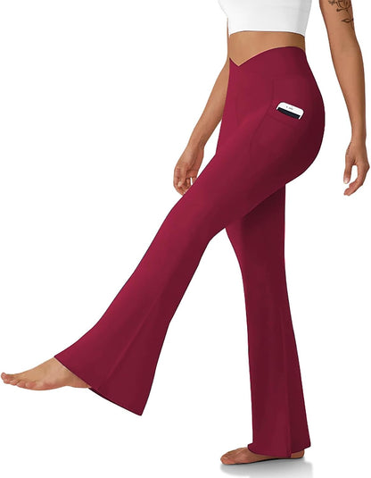 Women's Flare Leggings with Pockets Crossover High Waisted Bootcut Yoga Pants Tummy Control Bell Bottom Leggings