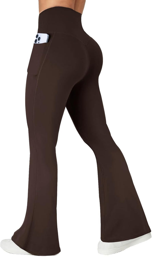 Flare Leggings with Pockets for Women Seamless Crossover Yoga Pants with Tummy Control Bootcut Work Pants Trendy