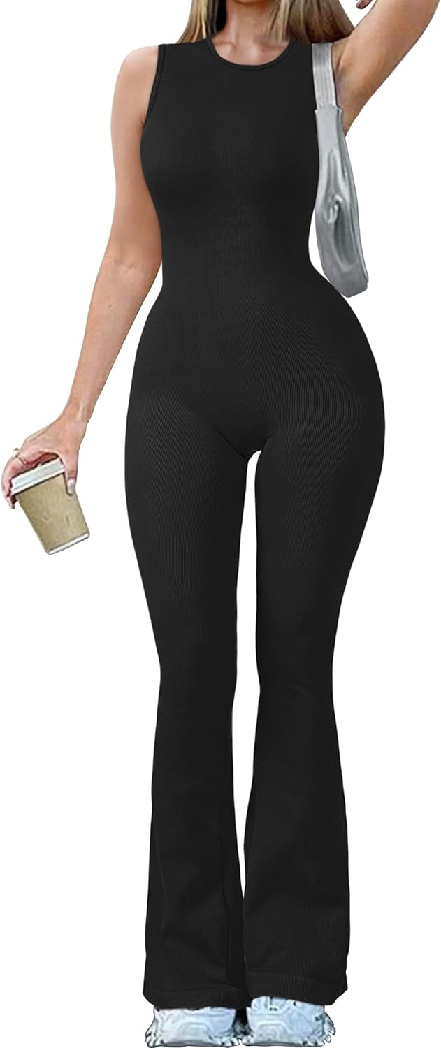 Women Yoga Jumpsuits Ribbed Crew Neck Sleeveless Bell Bottoms Flare Jumpsuits
