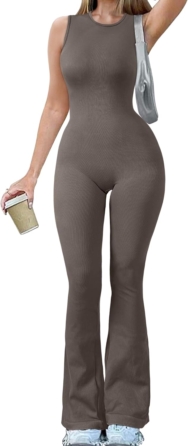 Women Yoga Jumpsuits Ribbed Crew Neck Sleeveless Bell Bottoms Flare Jumpsuits