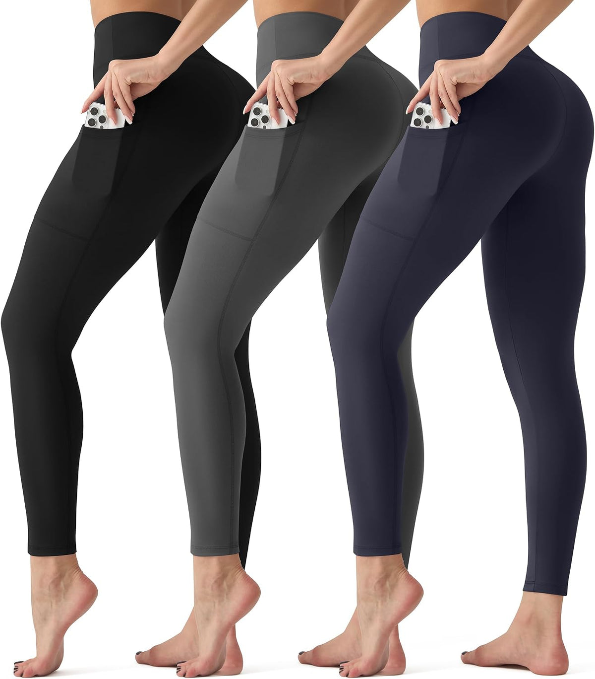 3 Pack Leggings with Pockets for Women,High Waisted Tummy Control Workout Yoga Pants Reg & Plus Size